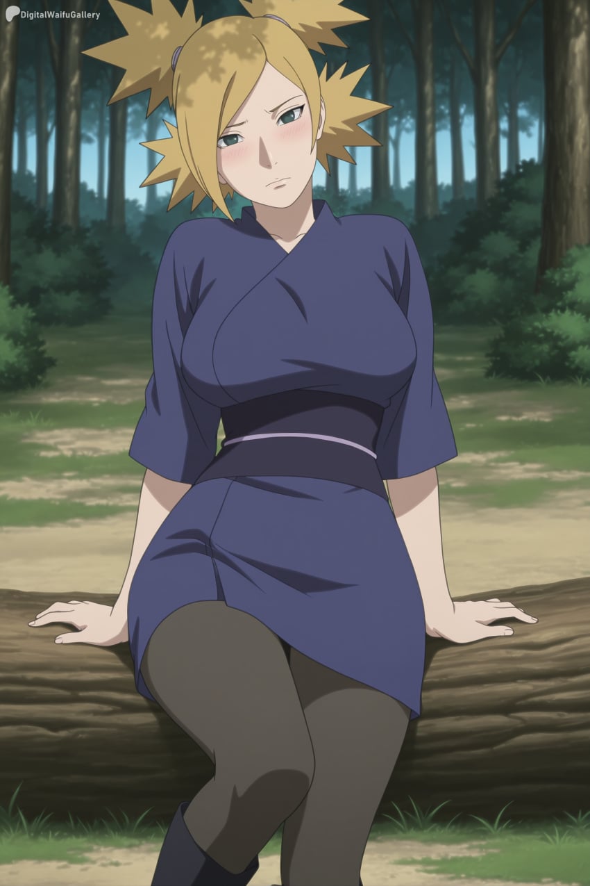 1girl ai_generated arm_support blonde_hair blush boots breasts closed_mouth digitalwaifugallery forest green_eyes hi_res high_quality high_resolution japanese_clothes kimono large_breasts looking_at_viewer naruto nature outdoors pantyhose patreon patreon_logo patreon_username quad_tails sash seductive sexy sitting solo temari tree uncensored watermark web_address