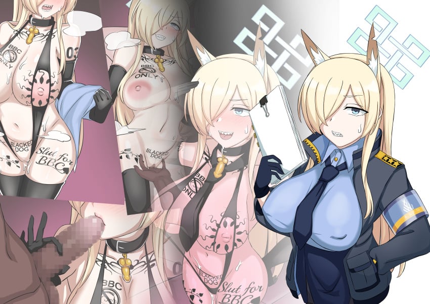 1boy 1girl 1girls absurdres animal_ear_fluff animal_ears armband black_gloves black_necktie black_pantyhose black_thighhighs blacked_female blonde_hair blue_archive blue_armband blue_necktie blue_shirt blue_skirt blush breast_tattoo breasts censored collared_shirt commentary_request cowboy_shot cupless_swimsuit dark-skinned_male dark_skin dog_ears dog_girl earrings elbow_gloves fellatio fingering gloves grey_background grey_eyes hair_over_one_eye halo hand_in_pocket hand_up hetero highres holding imojima impossible_clothes impossible_shirt interracial jacket jewelry kanna_(blue_archive) large_areolae large_breasts long_sleeves looking_at_viewer miniskirt mosaic_censoring multiple_views necktie nipples no_symbol_tattoo nude one_eye_covered open_clothes open_jacket open_mouth oral paid_reward_available pantyhose pencil_skirt penis queen_of_spades queen_of_spades_symbol race_fetishism race_fetishism_symbol rolling_eyes salute sharp_teeth shirt sidelocks simple_background skindentation skirt slingshot_swimsuit spade_(shape) spade_earrings spade_vine_tattoo sweatdrop swimsuit tattoo teeth thighhighs undressing very_dark_skin
