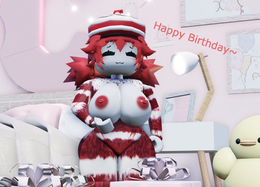 1girl birthday holding_own_breast image nude nude_female red_and_white red_body roblox robloxian smiling_at_viewer solo tagme text white_body