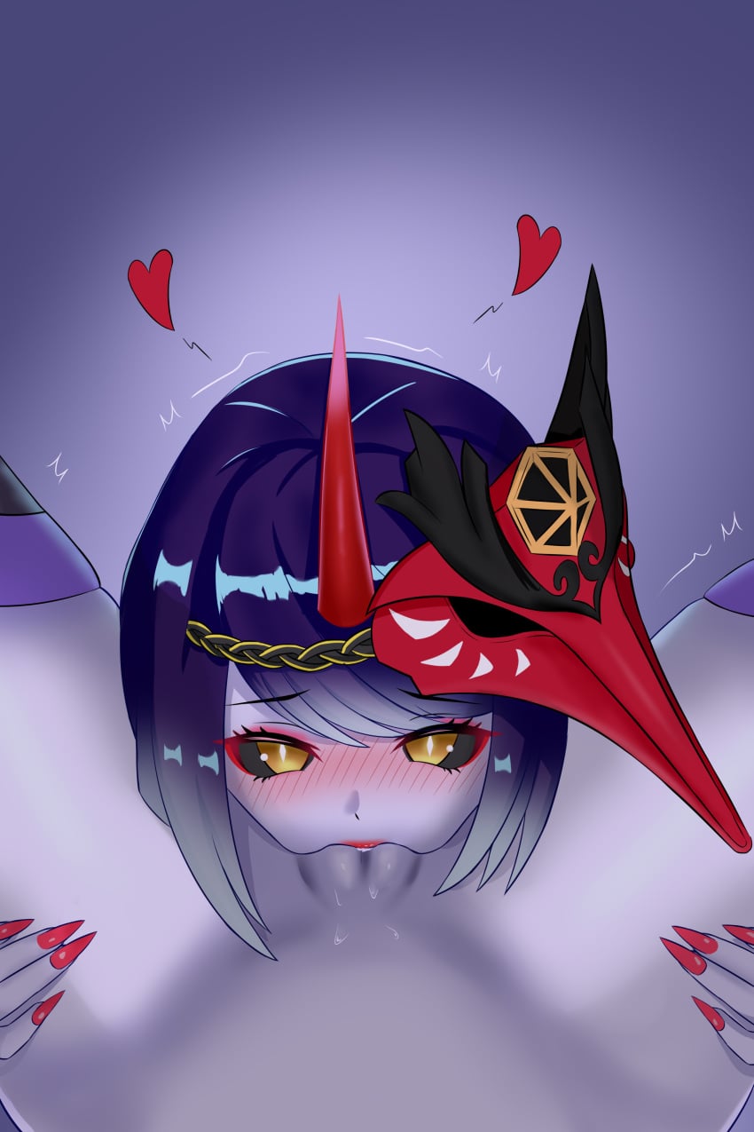 2girls absurdres black_sclera colored_sclera commentary_request corruption cunnilingus dark_persona deadsmallbase fingernails genshin_impact highres horns kujou_sara long_fingernails multiple_girls oral raiden_shogun yellow_eyes yuri