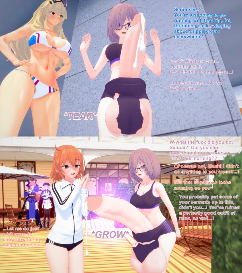 3d 5girls artoria_pendragon artoria_pendragon_(caster) barghest_(gawain)_(fate) bikini blonde_hair clothes_tearing cum english_text fate/grand_order fate_(series) female fujimaru_ritsuka_(female) futa_transformation futanari growth huge_cock intersex koikatsu mash_kyrielight orange_hair penis penis_expansion penis_growth penis_growth_(enlargement) pink_hair sports_bikini swimsuit tamamo_no_mae_(fate) text unaware xavierhuge