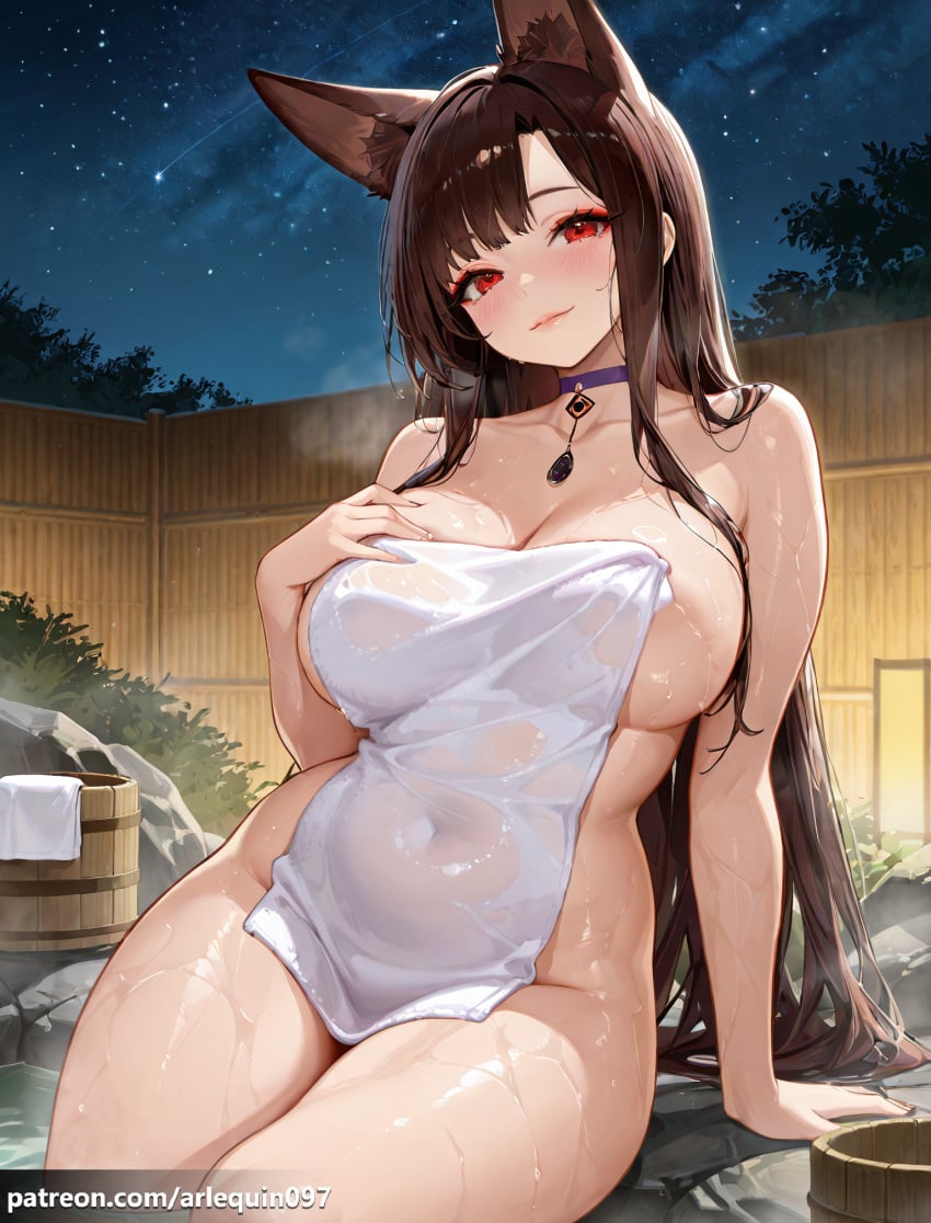 1girl ai_generated akagi_(azur_lane) animal_ear_fluff animal_ears arlequin097 arm_support azur_lane bare_shoulders blue_choker blush breasts brown_hair bucket choker cleavage closed_mouth collarbone covered_navel covering_privates extra_ears eyeliner fence fox_ears fox_girl hand_on_own_chest large_breasts long_hair looking_at_viewer makeup naked_towel night night_sky nude_cover onsen outdoors parted_lips pendant_choker purple_choker red_eyes rock sideboob sidelocks sitting sky smile soaking_feet solo star_(sky) starry_sky steam thighs towel very_long_hair water wet wet_towel white_towel wooden_bucket wooden_wall