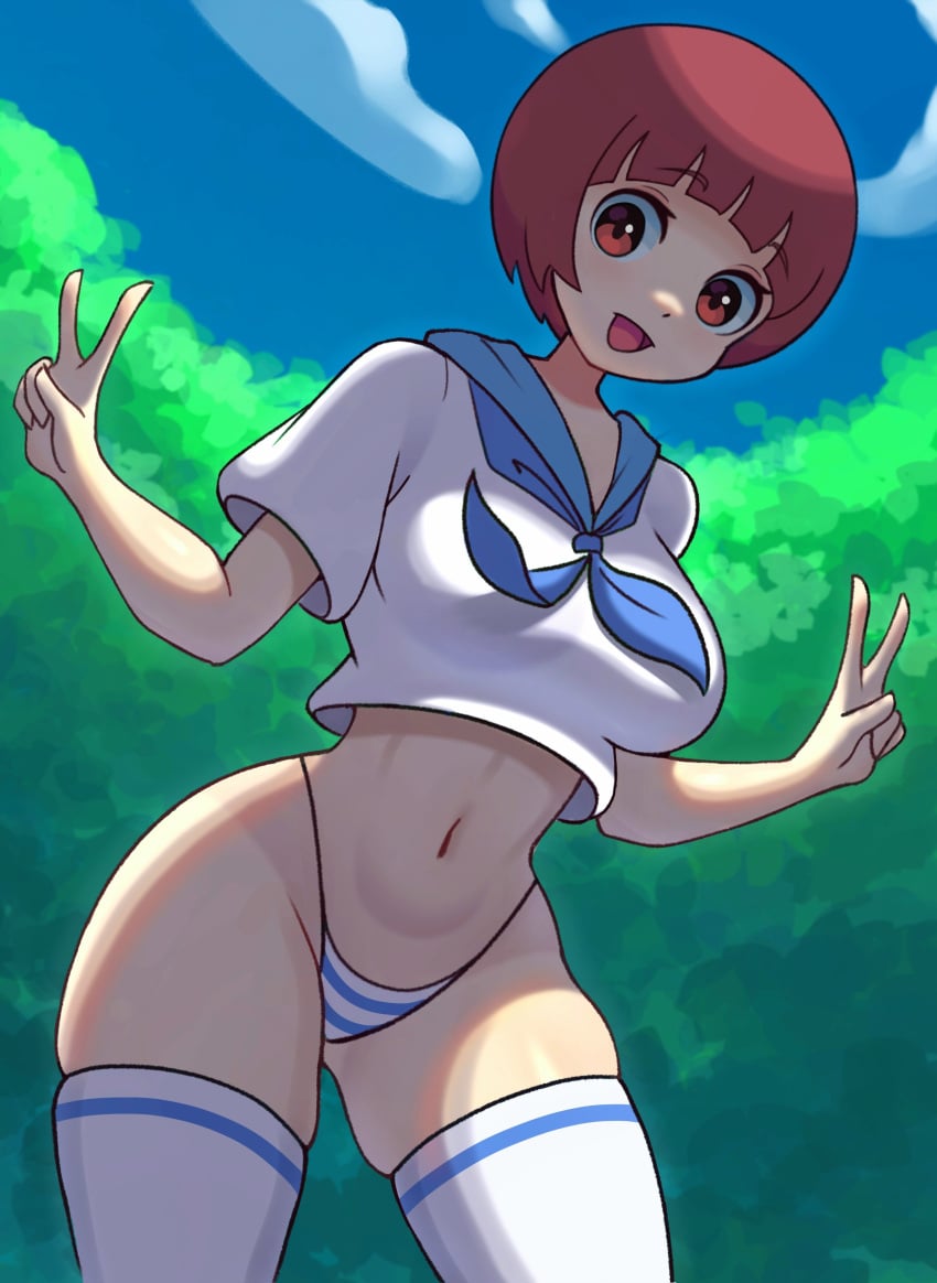 1girls 2hot! blue_panties breasts brown_eyes brown_hair clothing double_peace_sign female female_only hair hips kill_la_kill legwear mankanshoku_mako medium_breasts panties peace_sign sailor_collar sailor_uniform short_hair smile solo solo_female striped_panties thighhighs thighs underwear white_thighhighs