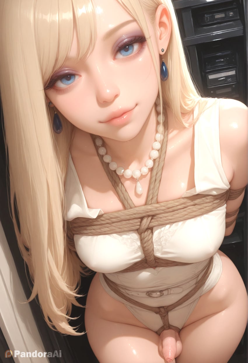 1boy 1femboy absurd_res ai_generated arms_behind_back artist_name artist_upload bdsm bead_necklace blonde_hair blue_eyes bondage bound breasts closed_mouth crossdressing earrings erection eyeshadow femboy femboy_focus feminine_male from_above gay hi_res jewelry leotard lips long_hair looking_at_viewer makeup mascara medium_breasts more_at_source necklace nose pandora patreon patreon_username pearl_earrings pearl_necklace penis pink_lips rope self_upload shibari shibari_over_clothes smile solo transgender uncensored watermark white_leotard