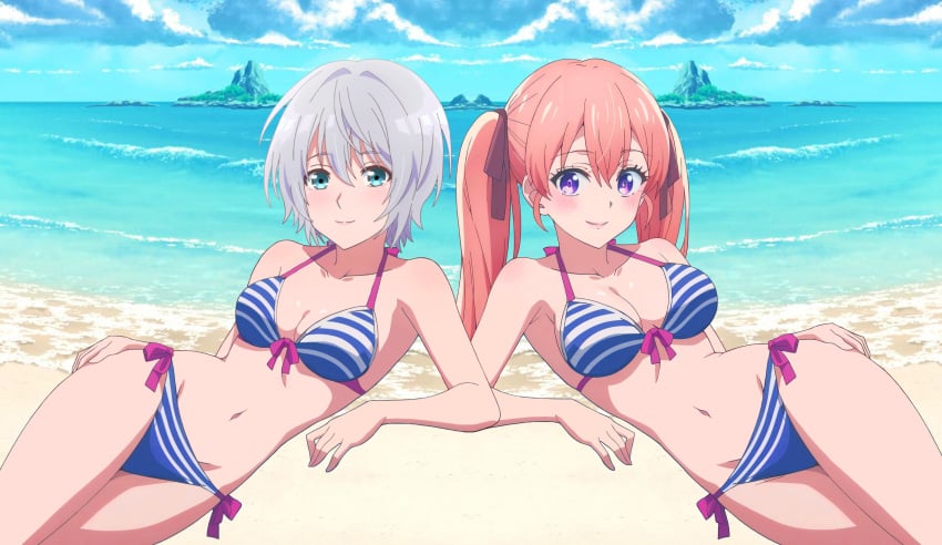 2girls amano_erika bare_legs bare_shoulders beach blue_eyes blushing cleavage collarbone kikuchi_fuuka large_breasts laying_back laying_down long_hair looking_at_viewer lounging medium_breasts ocean pink_eyes pink_hair short_hair silver_hair smiling string_bikini striped_bikini twintails