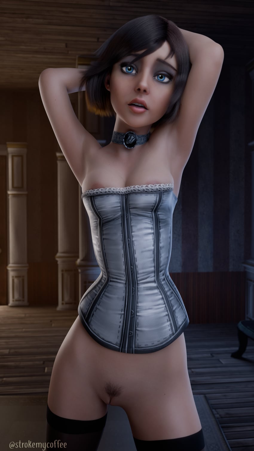 3d armpits arms_up athletic athletic_female bioshock bioshock_infinite blue_eyes breasts brown_hair busty choker coffeeforsnails elizabeth_comstock female female_focus female_only hourglass_figure makeup medium_breasts pinup pinup_pose pussy short_hair tagme vagina wide_hips