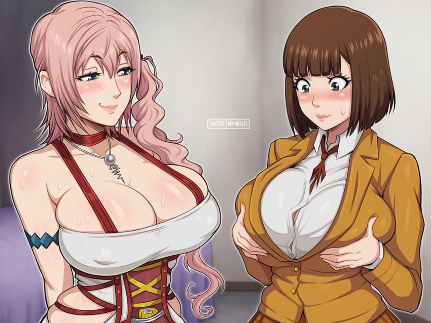 2026 ai_art ai_assisted artist_name black_eyes blue_eyes blush bra breasts brown_eyes brown_hair brown_jacket collared_shirt color colored digital_media_(artwork) final_fantasy final_fantasy_xiii final_fantasy_xiii-2 hand_up huge_breasts jacket jewelry kurihara_chiyo large_breasts long_hair necklace patreon_reward patreon_username pink_hair prison_school resindal33 self_upload serah_farron short_hair side_ponytail smile square_enix stable_diffusion standing uncensored upper_body watermark