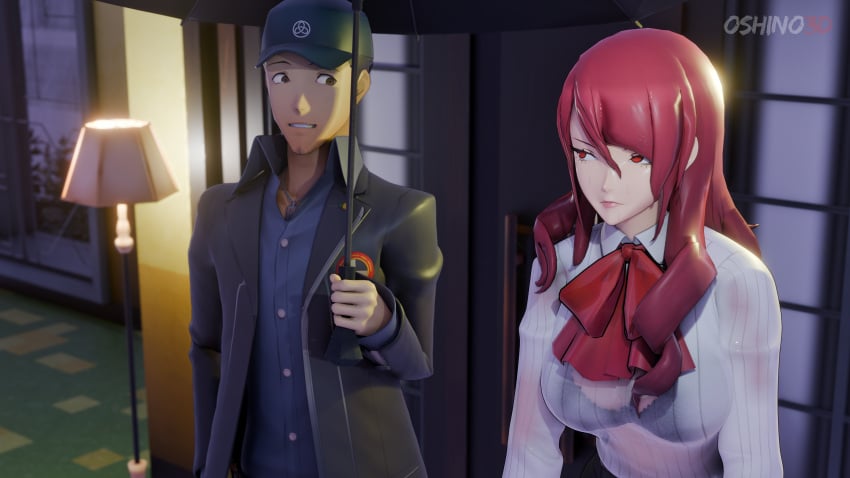 1boy 1girls 3d angry_expression blender blender_eevee clothed junpei_iori mitsuru_kirijo oshino3d persona persona_3 persona_3_reload rain red_hair tagme wet_clothes