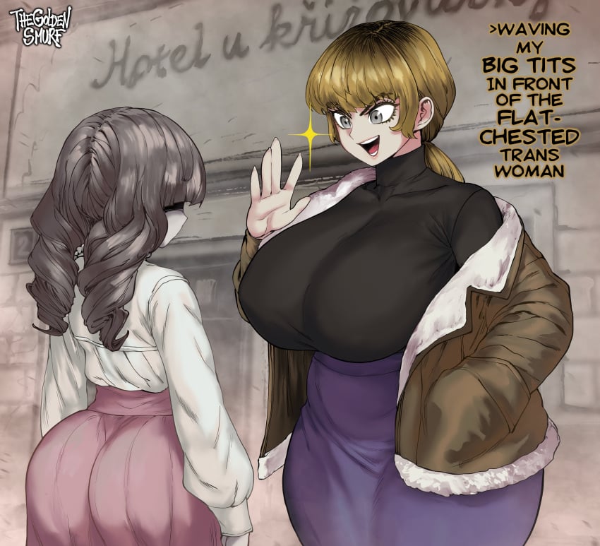 2girls ass ass_bigger_than_head big_breasts big_thighs breast_envy breasts breasts_bigger_than_head breasts_out bubble_ass bubble_butt busty busty_female curvaceous curvaceous_female curvaceous_figure curvy curvy_body curvy_female curvy_figure curvy_hips enormous_breasts fat_ass fear_and_hunger fear_and_hunger:_termina female female_only giant_breasts gigantic_breasts high_quality high_resolution highres huge_ass huge_breasts huge_butt huge_thighs karin_(fear_and_hunger) large_breasts marina_(fear_and_hunger) massive_ass massive_breasts massive_thighs small_breast_humiliation thegoldensmurf thick_ass thick_legs thick_thighs thunder_thighs thunderthighs tits_bigger_than_head tits_out trans_woman transfem wide_hips wide_thighs