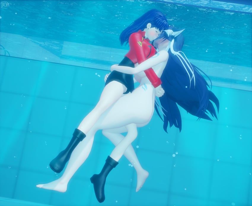 2girls boobs evangelion female girl misato_katsuragi mmd neon_genesis_evangelion rhapsil shylily underwater virtual_youtuber vtuber