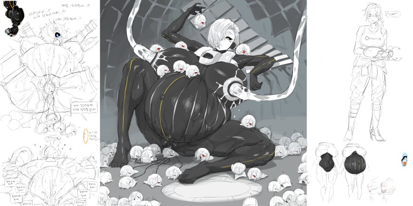 alternate_breast_size anthrofied belly_expansion birth birthing black_bodysuit bodysuit breast_milk breast_milking breast_milking_machine breasts breasts_bigger_than_head chell eye_covered female female_focus female_only focus_on_pussy glados glados_(humanoid) hair_covering_eye head_back korean_text magma_(software) malfunction milking milking_breasts milking_machine mole mole_under_eye personification portal portal_(object) portal_(series) portal_gun pregnancy pregnant pregnant_belly pregnant_female red_eyes restrained robot robot_girl speech_bubble tongue tongue_out turret_(portal) unknown_artist white_background white_hair white_skin yellow_eyes