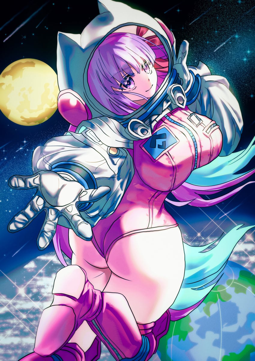 1girls ass bb_(fate) bb_cosmo_(fate) big_ass big_breasts breasts fate/grand_order fate_(series) female female_focus female_only from_behind huge_breasts large_ass large_breasts light-skinned_female light_skin long_hair looking_at_viewer looking_back outstretched_arm pink_eyes pink_hair smile solo solo_female solo_focus space spacesuit thick_thighs thighs