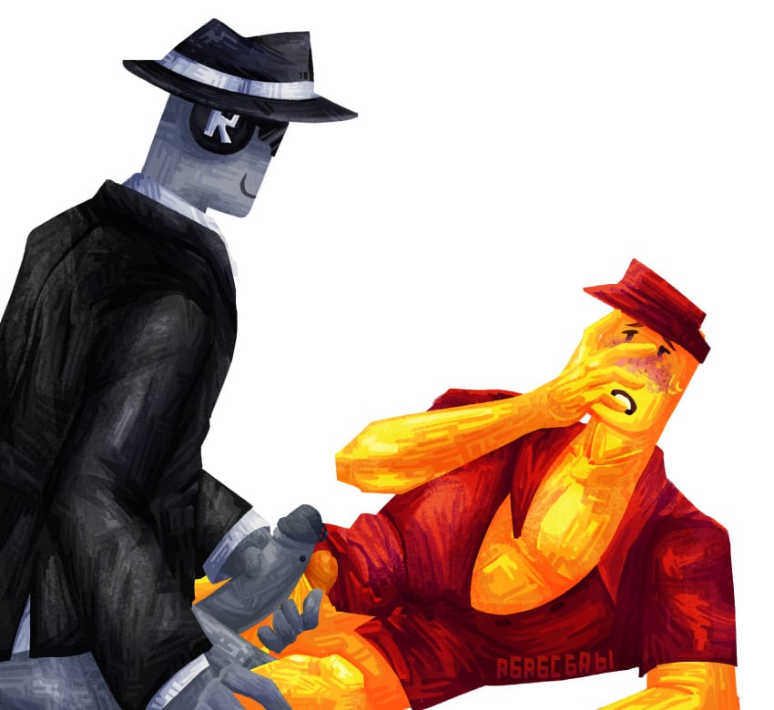 blush chance_(forsaken) covering_face elliot_(forsaken) erection fedora forsaken_(roblox) frottage genital_piercing glasses jacket male/male open_shirt penis penis_rubbing piercing roblox roblox_game robloxian self_upload smirk tagme tagme_(artist) visor