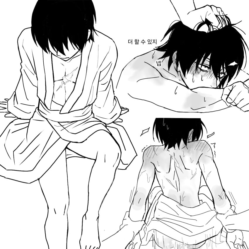 2boys anal anal_sex arm_grab arms_held_back blush from_behind gay gintama hair_grab kimono male male_only monochrome motion_lines scar scars solo_focus sweat twink yamazaki_sagaru yaoi