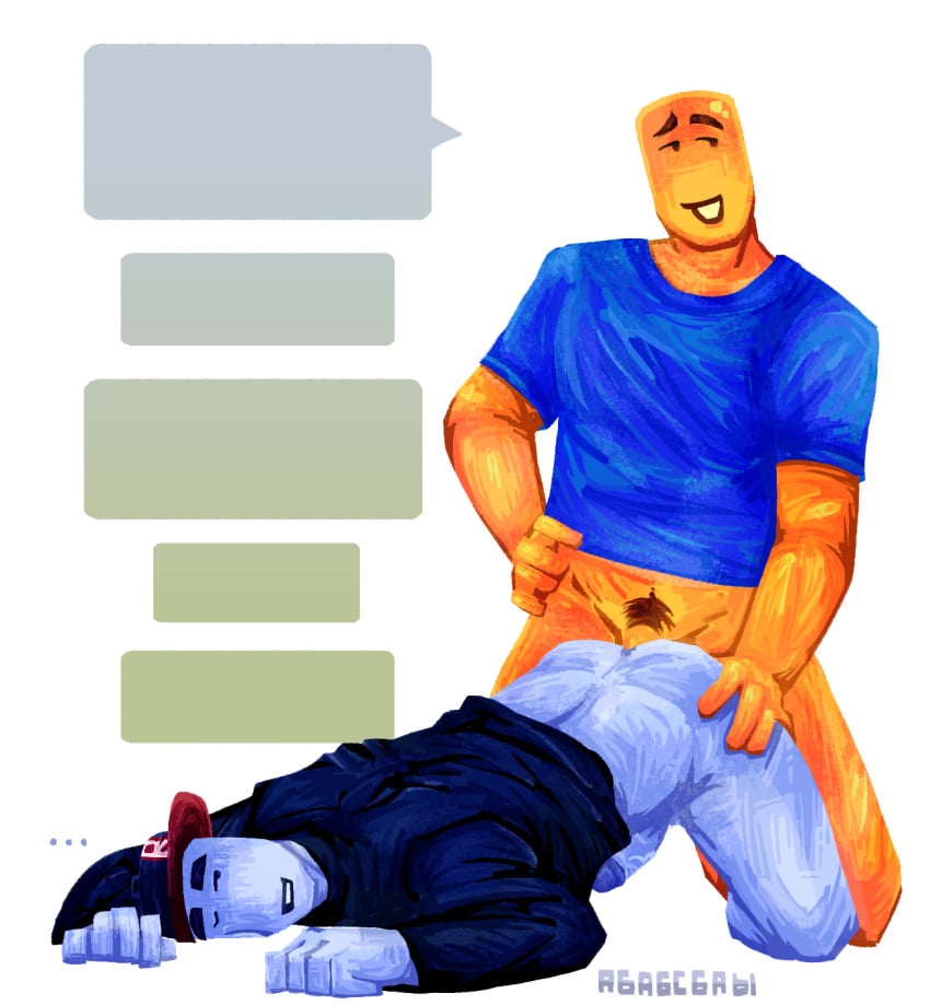 anal doggystyle erection from_behind guest_(roblox) hand_on_waist holding_butt male/male noob noob_(roblox) penetration penis playful roblox robloxian self_upload shirt speech_bubble tagme tagme_(artist) talking text turtleneck