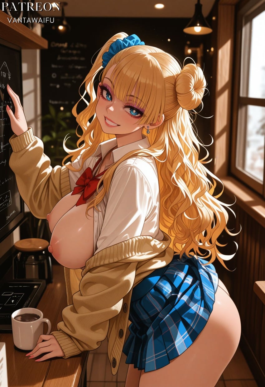 1girl ai_generated artist_name ass asymmetrical_hair bangs blonde blonde_female blonde_hair blue_eyes blue_scrunchie blue_skirt blush bow bowtie breasts breasts_out brown_cardigan cafe cardigan chalkboard clothes_lift clothing coffee coffee_mug coffee_pot collared_shirt counter cup earrings eyeliner eyeshadow female female_only fingernails from_side galko grin gyaru hair_bun hair_ornament hair_scrunchie hanging_light indoors jewelry kogal large_breasts leaning_forward lips lipstick long_hair long_sleeves looking_at_viewer makeup mascara miniskirt mug nail_polish nipples no_bra off_shoulder one_side_up open_cardigan open_clothes open_shirt oshiete!_galko-chan panties parted_lips pink_nails plaid plaid_skirt pleated_skirt red_bow red_bowtie school_uniform schoolgirl scrunchie shirt single_side_bun skirt skirt_lift smile solo standing stud_earrings teeth thighs twisted_torso underwear uniform vantawaifu wavy_hair white_panties white_shirt window wooden_floor yellow_cardigan