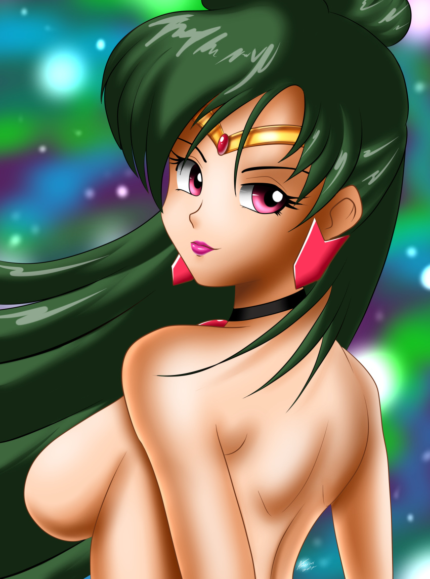 andersonicth back_view bishoujo_senshi_sailor_moon choker female green_hair large_breasts looking_at_viewer sailor_pluto setsuna_meiou sideboob solo topless