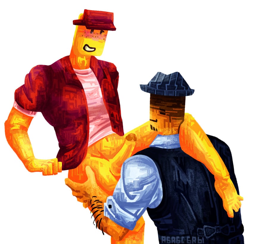 elliot_(forsaken) erection fedora forsaken_(roblox) holding_thigh leg_on_shoulder mafioso_(forsaken) male/male penis roblox roblox_game robloxian self_upload shirt sitting smiling tagme tagme_(artist) undershirt vest visor