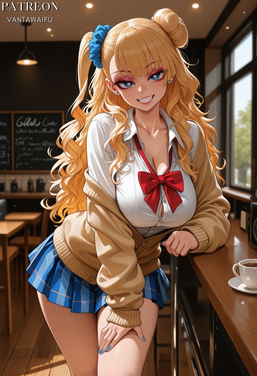 1girl ai_generated asymmetrical_hair bangs blonde blonde_female blonde_hair blue_eyes blue_nails blue_scrunchie blue_skirt blush bow bowtie breasts brown_cardigan button_gap cafe cardigan chair chalkboard classroom cleavage clothing coffee collarbone collared_shirt cup curly_hair desk dress_shirt earrings eyeliner eyeshadow female female_only galko grin gyaru hair_bun hair_ornament hair_scrunchie hand_on_own_thigh indoors jewelry kogal large_breasts leaning_forward long_hair long_sleeves looking_at_viewer loose_bowtie makeup mascara miniskirt nail_polish neckwear off_shoulder one_side_up open_cardigan oshiete!_galko-chan partially_unbuttoned plaid plaid_skirt pleated_skirt ponytail red_bow red_bowtie red_neckwear saucer school_desk school_uniform schoolgirl scrunchie shirt single_side_bun skirt smile solo stud_earrings table teacup teeth thighs uniform vantawaifu wavy_hair white_shirt window