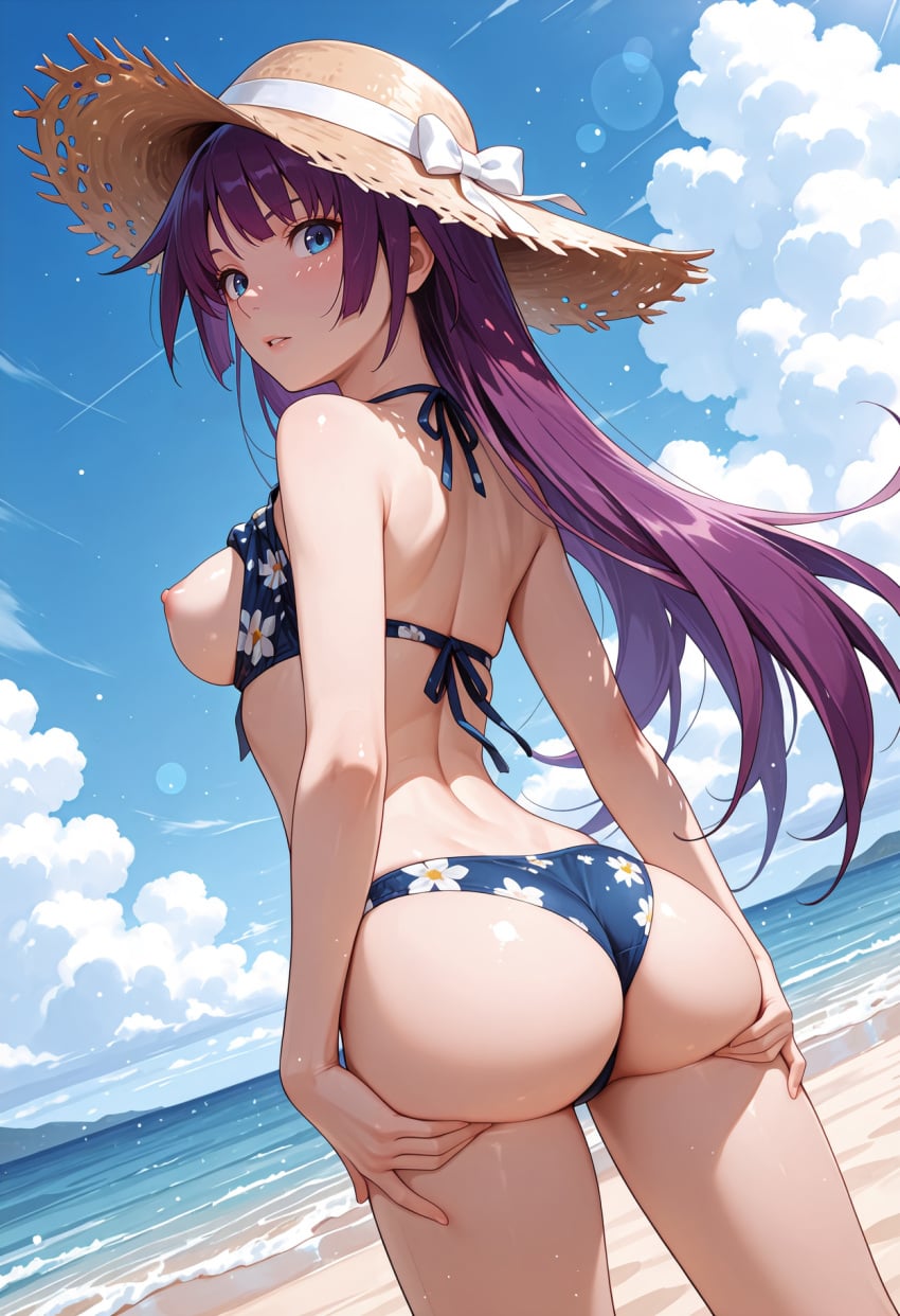 1girl ai_generated ass bakemonogatari bikini bikini_top_lift blue_eyes breasts_out floating_hair floral_print from_behind long_hair looking_at_viewer medium_breasts milfhunter228 monogatari_(series) ocean outdoors parted_lips purple_hair senjougahara_hitagi sky solo_female standing straw_hat