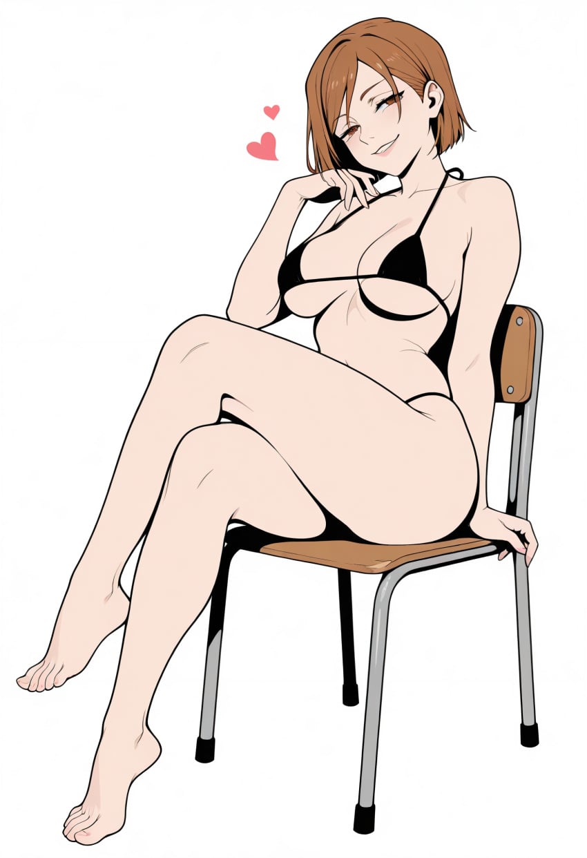 ai_generated barefoot black_bikini chair jujutsu_kaisen legs nobara_kugisaki sexy_pose sitting tagme tagme_(artist) white_background