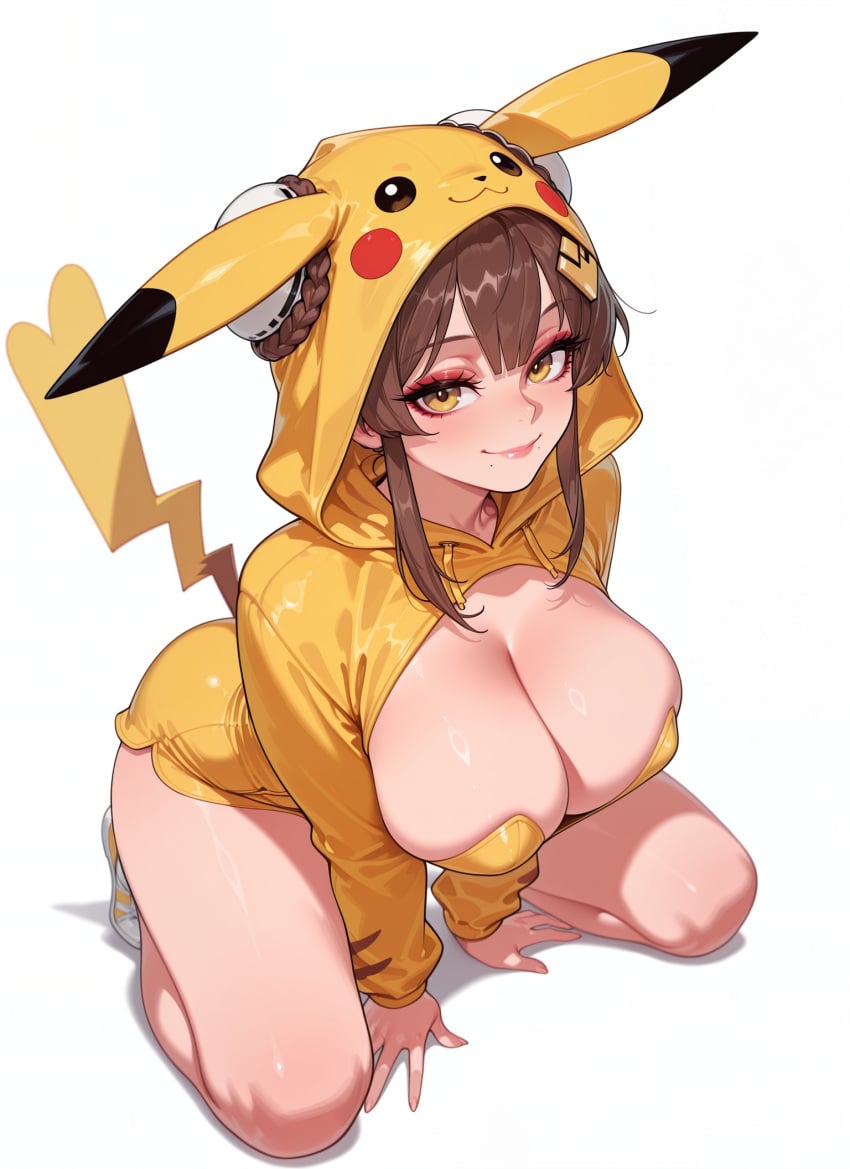 1girl 2026 ai_generated animal_tail anime bangs blush boobs braid braided_hair breasts brown_hair chaos_zero_nightmare cleavage closed_mouth cosplay crossover double_bun eye_contact eyeshadow female female_focus flushed hair_bun highres hood huge_breasts kneeling large_breasts looking_at_viewer makeup mole mole_under_mouth neutral_expression nsfw patreon pikachu rognezart shiny shiny_skin simple_background smile smiling solo tail thick_thighs thighs white_background yellow_eyes yuki yuki_(chaos_zero_nightmare)