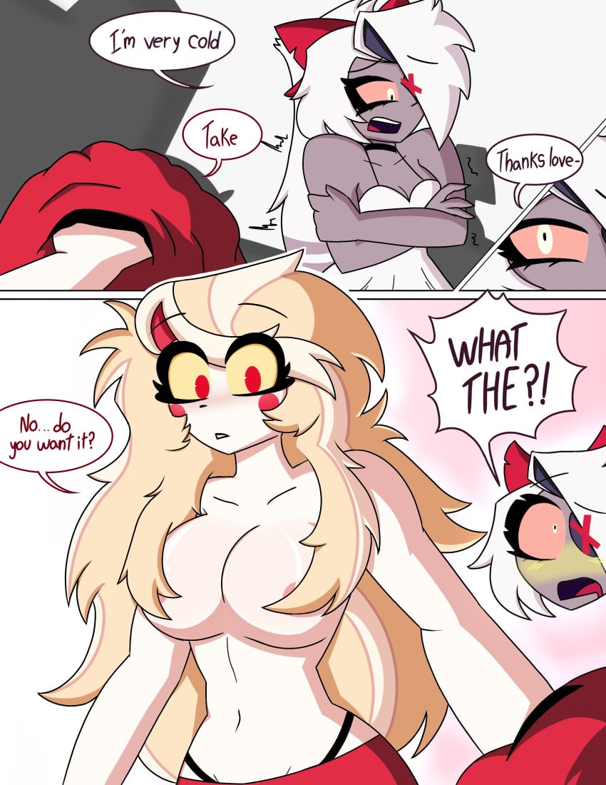 belly belly_button blush blushing boobs breasts charlie_morningstar_(hazbin_hotel) grey_body hazbin_hotel hellaverse long_hair red_clothing red_eyes tagme the_titan_draw tits vaggi_(hazbin_hotel) vaggie_(hazbin_hotel) very_long_hair white_body white_hair