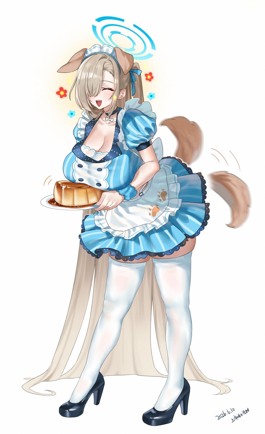 animal_ears asuna_(blue_archive) blonde_hair blue_archive choker dog_ears dog_tail food huge_breasts long_hair pudding shangdi_de_fa_zhang solo solo_female thighhighs very_long_hair