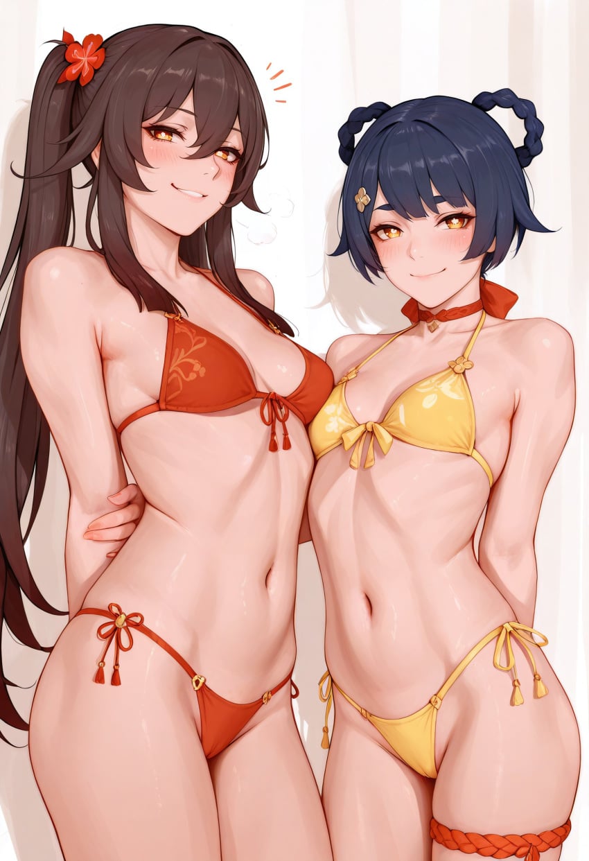 2d ai_assisted ai_generated anime anime_style blue_hair blush brown_hair cute duo female female_focus female_only front_view galaktika73 genshin_impact half-dressed hu_tao_(genshin_impact) petite_body slim small_breasts standing swimsuit woman xiangling_(genshin_impact)