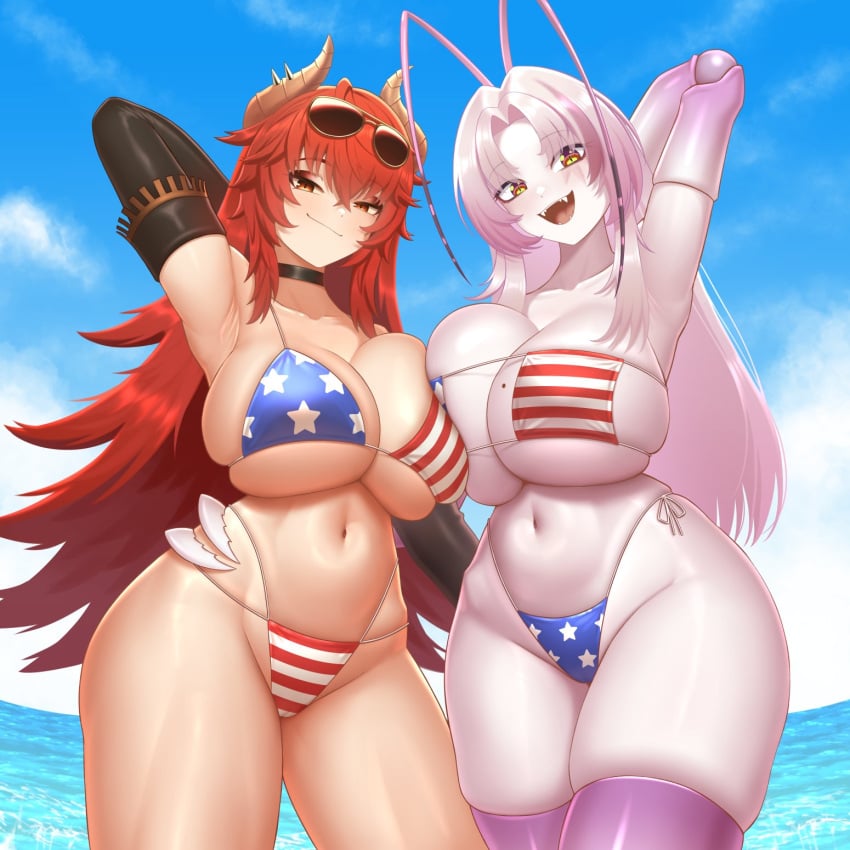 2girls american_flag_bikini antennae arm_up arthropod_girl big_breasts bikini black_gloves blue_bikini breasts cipher4109 cockroach_girl dragon_girl dragon_horns elbow_gloves eyewear_on_head fangs female female_only flag_bikini flag_print gloves hips horns huge_breasts indie_virtual_youtuber large_breasts light-skinned_female light_skin long_hair looking_at_viewer massive_breasts matara_kan mature mature_female milf mommy monster_girl multiple_girls open_mouth pink_hair pink_thighhighs print_bikini red_bikini red_hair smile socks_agency sunglasses swimsuit thick thick_thighs thighhighs thighs tits very_long_hair virtual_youtuber vtuber wide_hips yellow_eyes zentreya zentreya_(cowboy_bikini)