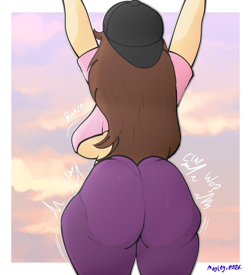 1girl arms ass ass_clapping big_booty booty bouncing bouncing_ass bouncing_boobs bouncing_booty bouncing_breasts bouncing_tits brown_hair butt clapping_ass clapping_booty clapping_cheeks girl hands_in_air huge_ass huge_butt jumping lovelymayley pantylines pink_t-shirt purple_pants raised shaking_ass shaking_butt sunset twerking underboob woman