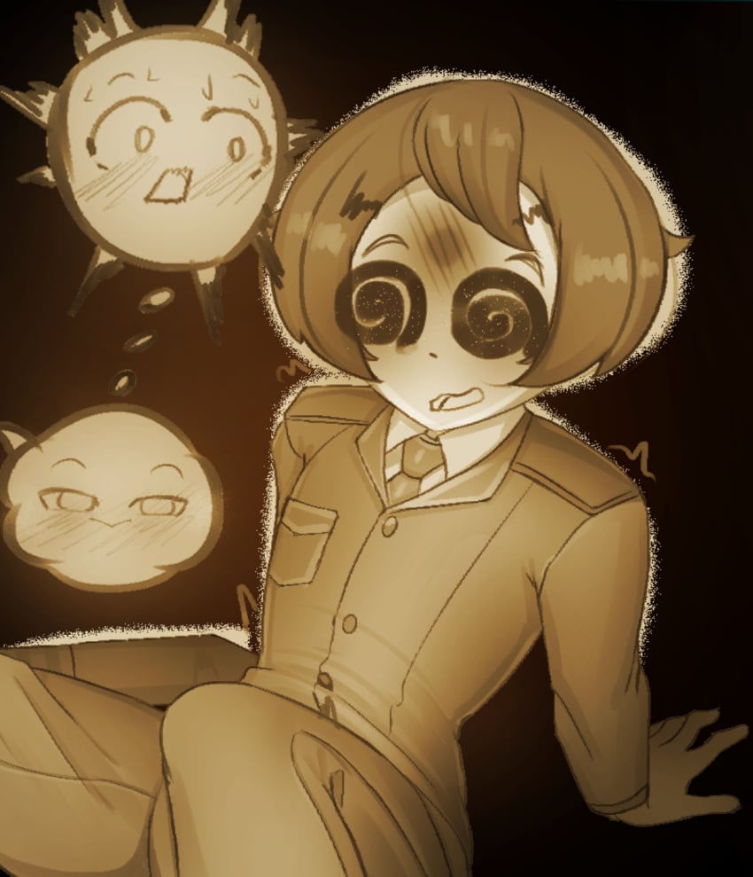 1boy 2026 fanart male military_uniform monochrome offscreen_character player_character pumpkin_pie solo spiral_eyes xenofeels