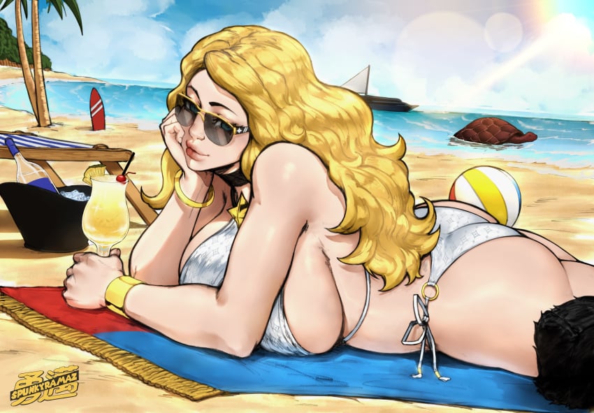 1girls absurdres alcohol artist_name ass ball_(object) beach beach_ball beach_chair beach_towel beachball bikini blonde_hair blue_eyes boat bracelet breasts cherry choker eyebrows eyelashes female food fruit fur_hat gold_bracelet hat highres ice jewelry kolin_(street_fighter) lens_flare lips liquor long_hair lying o-ring o-ring_bikini ocean on_stomach palm_tree pina_colada pineapple sand sideboob solo spunkyramaz straw street_fighter street_fighter_v sunglasses surfboard swimsuit tagme thick_lips thick_thighs thighs tinted_eyewear towel tree turtle watercraft wavy_hair white_bikini wide_hips