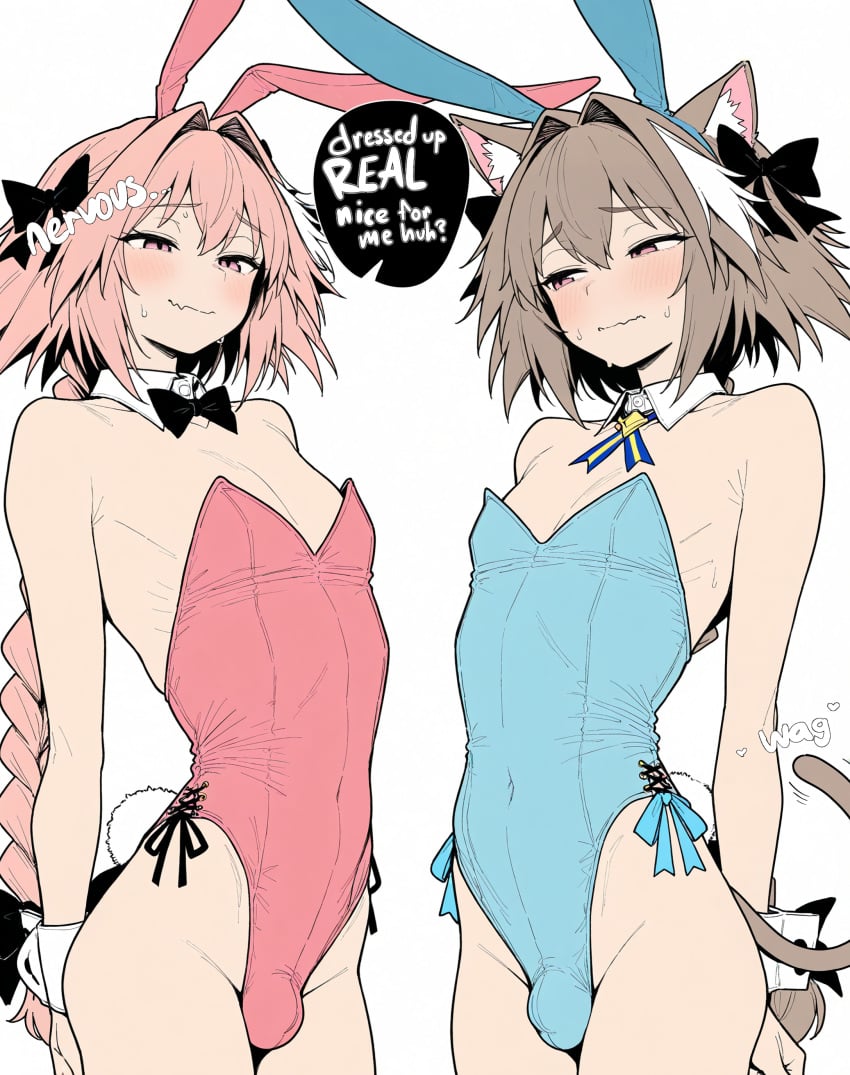 2boys ai_generated animal_ears astolfo_(fate) bangs bare_shoulders black_bow blue_leotard blush bow bowtie braid bulge cat_ears cat_tail closed_mouth detached_collar fake_animal_ears fang fate/grand_order fate_(series) felix_argyle femboy femboysub hair_between_eyes hair_bow hair_intakes highleg highleg_leotard leotard long_hair male_focus male_playboy_bunny multicolored_hair multiple_boys otoko_no_ko picklepumper pink_hair pink_leotard playboy_bunny purple_eyes rabbit_ears rabbit_tail rezero_kara_hajimeru_isekai_seikatsu ribbon simple_background single_braid skin_fang smile streaked_hair sweat tagme tail wavy_mouth white_background white_hair wrist_cuffs