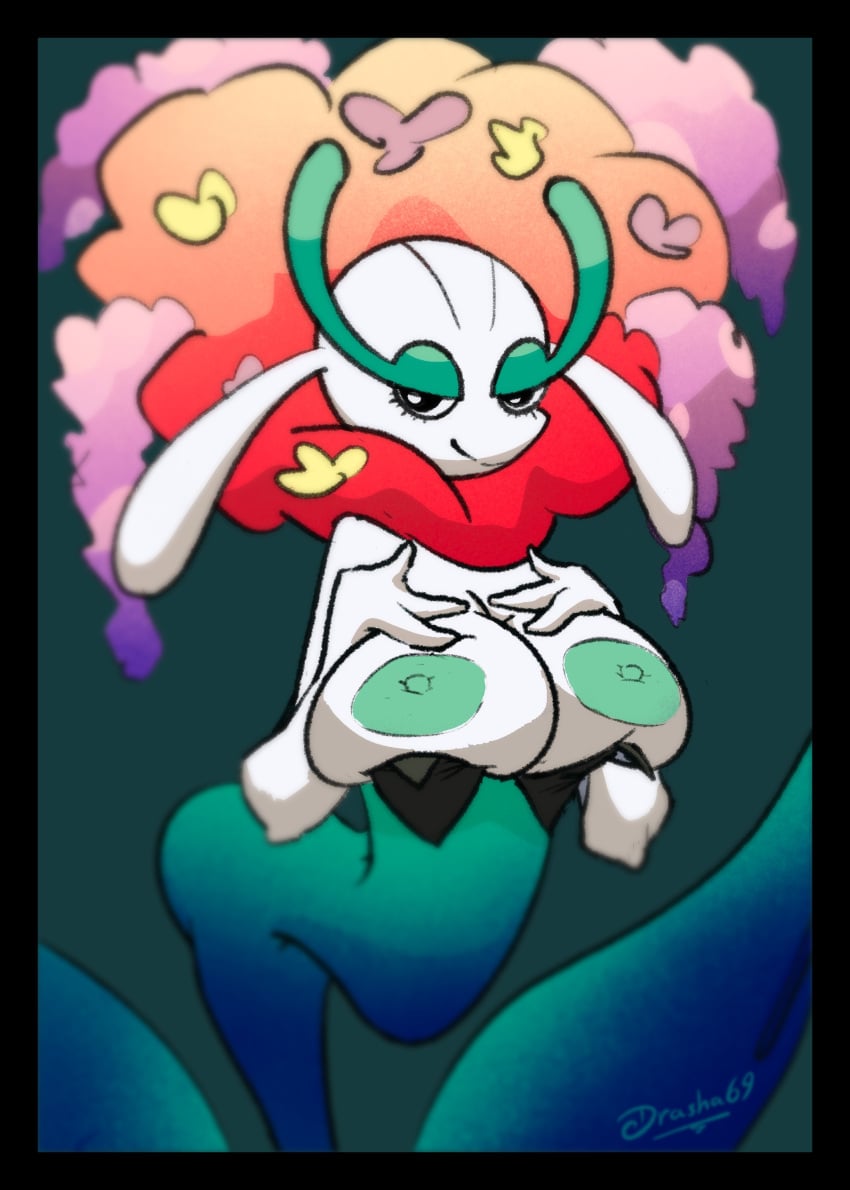 absurd_res anthro apode bedroom_eyes big_breasts black_border border breasts draconcopode drasha69 exposed_breasts female florges flower generation_6_pokemon half-closed_eyes hi_res legless looking_at_viewer naga narrowed_eyes nintendo nipples plant pokemon pokemon_(species) red_flower_florges seductive serpentine simple_background smile solo