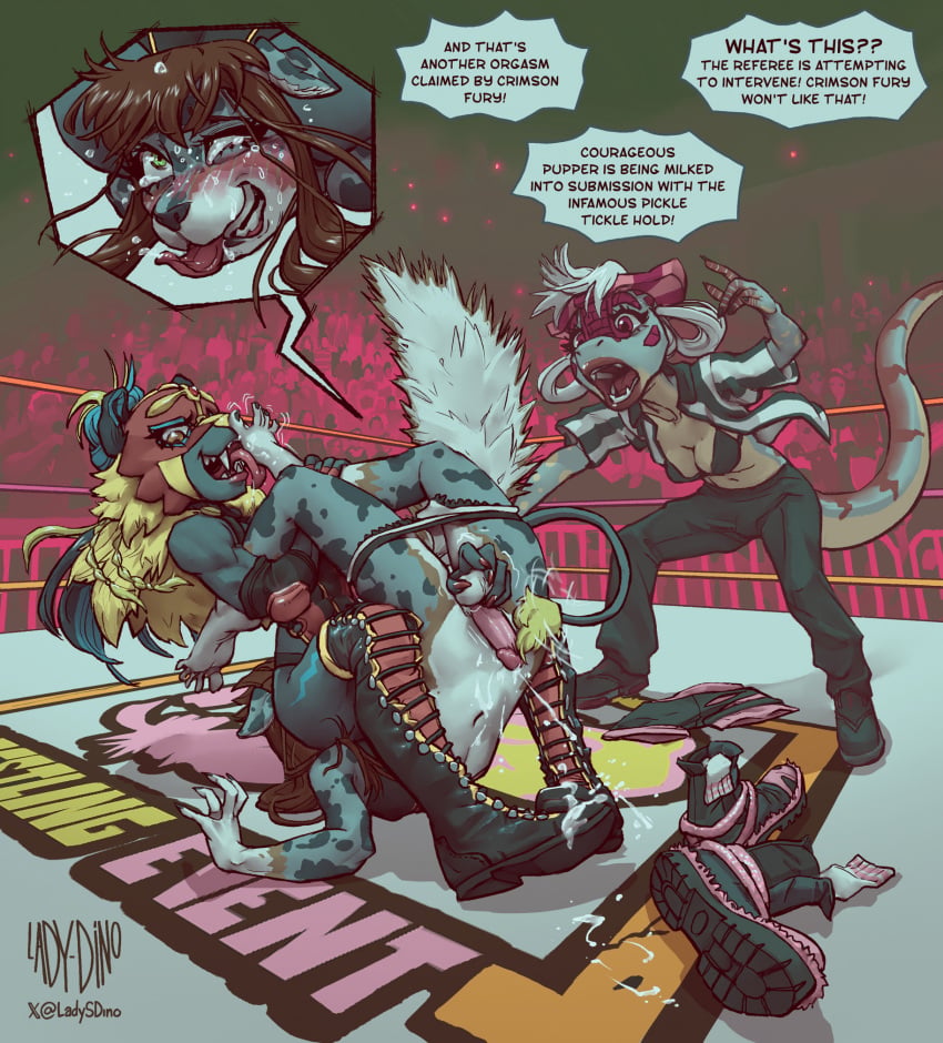 2026 5_toes allosaurid allosauroid allosaurus anthro ball_fondling balls barefoot biped blonde_hair blush bodily_fluids boots brown_hair canid canine canis clothed clothing crying_laughing cum dinosaur domestic_dog ejaculation english_text erection feet felid feline female femboy fight fighting_ring fondling foot_fetish foot_lick foot_play footwear genital_fluids genitals group hair hi_res humanoid_feet kai_(lewd_dargon) lady_dino_(character) ladydino laugh licking long_hair long_tongue lucha_libre_mask luchador luchadora male male/female mammal mask open_mouth pantherine panties panties_down partially_clothed penis plantigrade prehistoric_species referee reptile saurischian scalie shoes signature skimpy soles sparque_(lewd_dargon) speech_bubble sports_mask sportswear tail tears text theropod tickle_torture tickling tickling_genitalia tickling_penis toes tongue tongue_out trio_focus underwear underwear_down undressing_another white_hair wrestler wrestling wrestling_mask