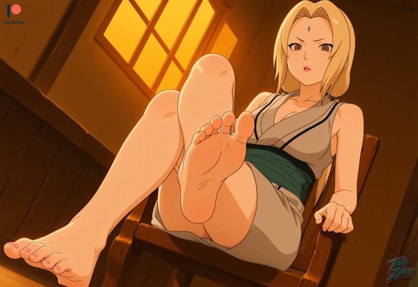 ai_assisted ai_generated crossed_legs feet female foot_fetish foot_focus genin naruto naruto_(series) naruto_shippuden patreon sitting taozaru tsunade tsunade_(naruto) tsunade_senju