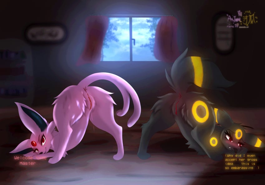 absurd_res all_fours ass_up assertive astralia bedroom_eyes black_body black_fur blush duo eeveelution embarrassed english_text espeon female feral forehead_gem forked_tail fur gem generation_2_pokemon genitals hi_res inside markings master narrowed_eyes nintendo pink_body pink_fur pokemon pokemon_(species) presenting presenting_vulva red_eyes seductive shy tail take_your_pick text umbreon unusual_anatomy unusual_tail vulva watermark window yellow_markings