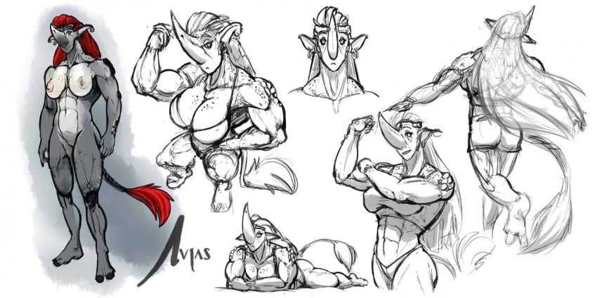 alien anthro avias_(artist) breasts female flexing hybrid looking_at_viewer mammal muscular nipples nude pussy rhinoceros sketch_page solo