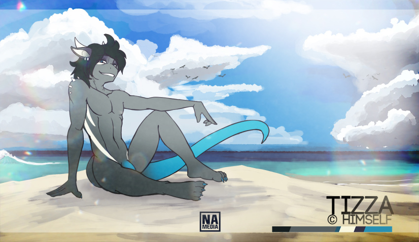 anthro avias_(artist) beach black_hair black_skin blue_eyes blue_penis blue_skin blue_tail claws cloud detailed_background english_text flaccid grin hair horn looking_at_viewer male male_only nude outside penis penis_base scalie sea seaside sitting sky smile solo spikes text water white_skin