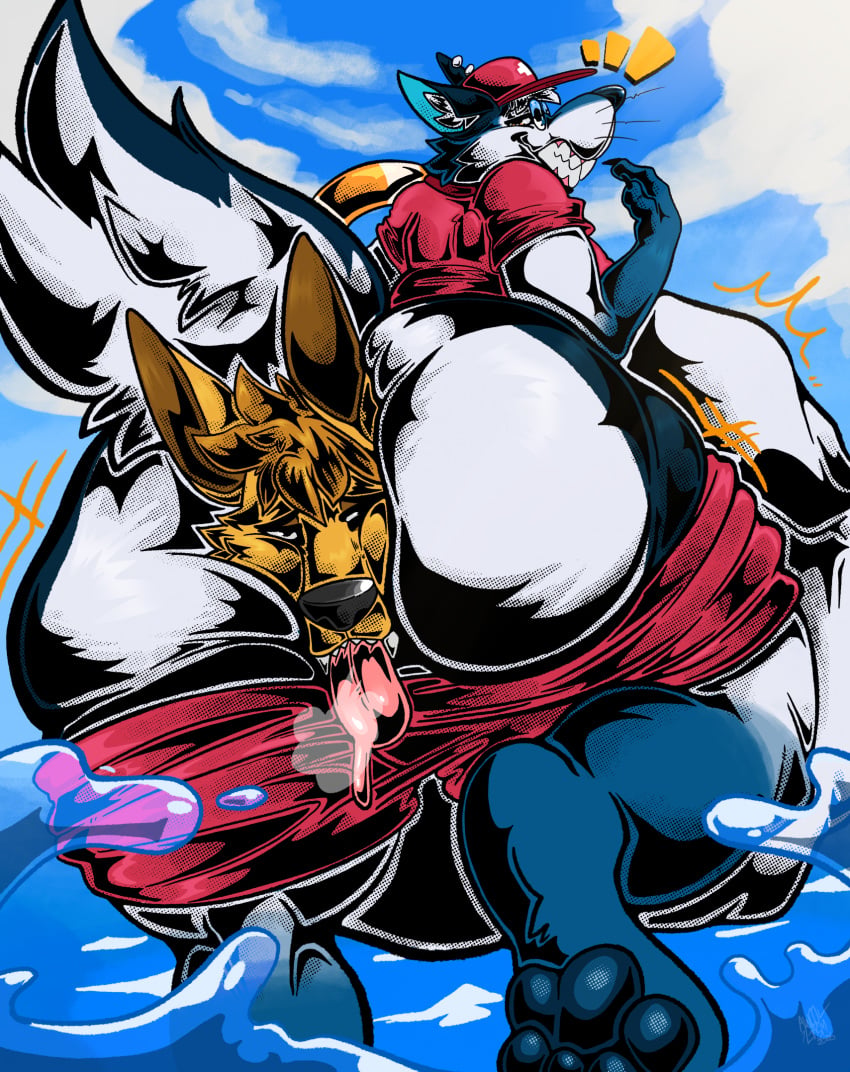 2026 abdominal_bulge anal anal_vore anthro awoogasm belly big_belly big_butt bodily_fluids bottomwear bottomwear_down butt canid canine canis clenched_teeth clothed clothing coyote duo ear_piercing eyewear fan_character fangs fur glasses hair half-closed_eyes hat head_turned headgear headwear hi_res inner_ear_fluff male mammal narrowed_eyes pants pants_down partially_clothed partially_submerged paws piercing raised_tail rear_view saliva saliva_on_tongue saliva_string shirt signature tail teeth tongue tongue_out topwear tuft vore wave whiskers wolf