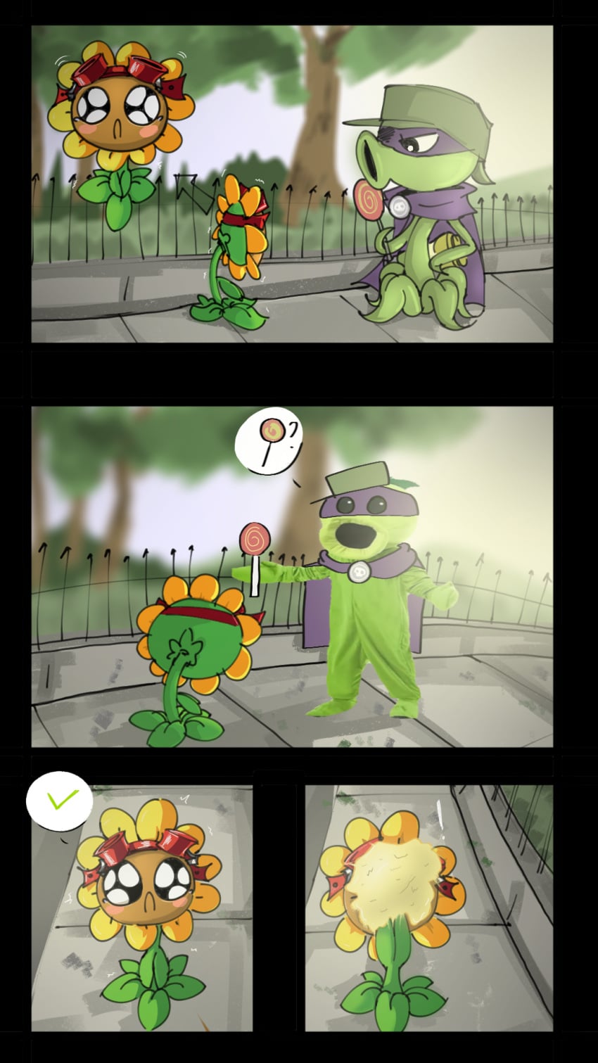 butter candy cap cloak cute evil fan_character goggles goggles_on_forehead messy_face peashooter_(pvz) plants_vs_zombies plants_vs_zombies_2:_it's_about_time sad safe sunflower_(pvz) tears temptation