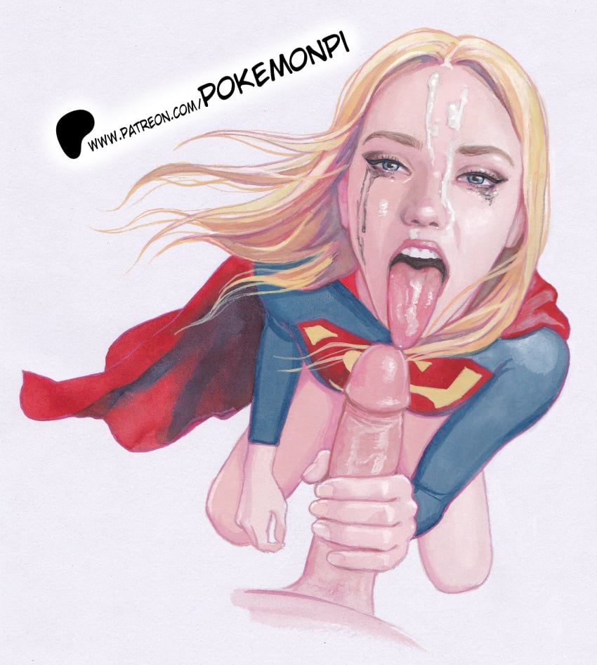 after_fellatio blonde_female blonde_hair blue_eyes crying cum_on_face dc dc_comics female_focus kara_danvers kara_zor-el pale-skinned_female penis pov_blowjob supergirl superman_(series) tongue_out