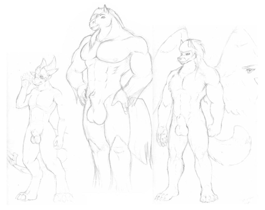 animal_genitalia anthro avias_(artist) balls canine dragon equine feathered_wings feathers fully_sheathed group horse hybrid male_only mammal monochrome muscular nude sheath sketch smile standing wings