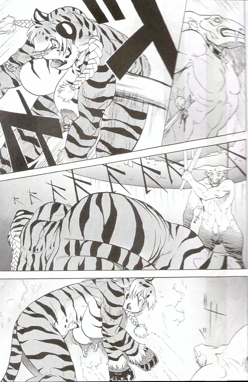 anthro ass big_breasts book_of_the_beast book_of_the_beast_16 breasts club_(weapon) collar comic duo feline female greyscale hi_res male mammal melee_weapon monochrome nipple_piercing nipples nude piercing tiger unknown_artist weapon