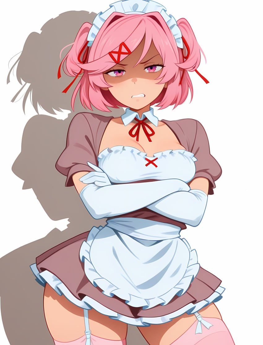 1female 1girl 1girls 2026 ai ai-created ai_art ai_generated big_breasts boobs breasts ddlc doki_doki_literature_club female female_focus female_only human human_only light-skinned_female light_skin looking_at_viewer mad maid maid_headdress maid_outfit maid_skirt maid_stockings maid_uniform natsuki_(doki_doki_literature_club) open_eyes pink_eyes pink_hair shadow stockings team_salvato