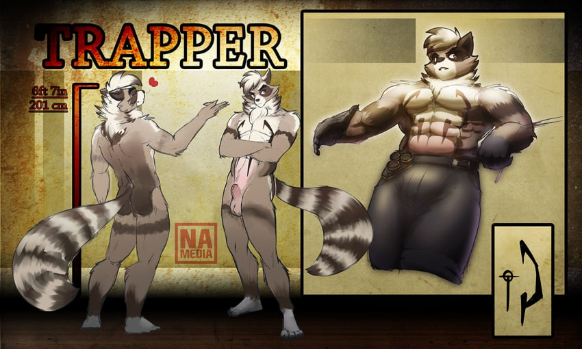 animal_genitalia anthro avias_(artist) balls fur hair heart male mammal model_sheet muscular nude raccoon sheath solo standing