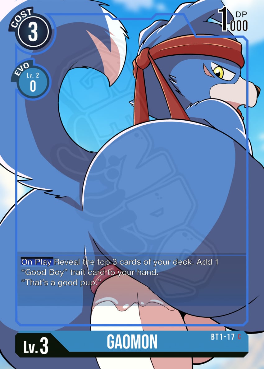 accessory anal anthro balls bandai_namco blue_body blue_fur butt canid canine card digimon digimon_(species) duo english_text erection fur gaomon gendomx genitals good_boy headband hi_res male male/male male_penetrated male_penetrating male_penetrating_male mammal penetration penis playing_card sex text yellow_eyes