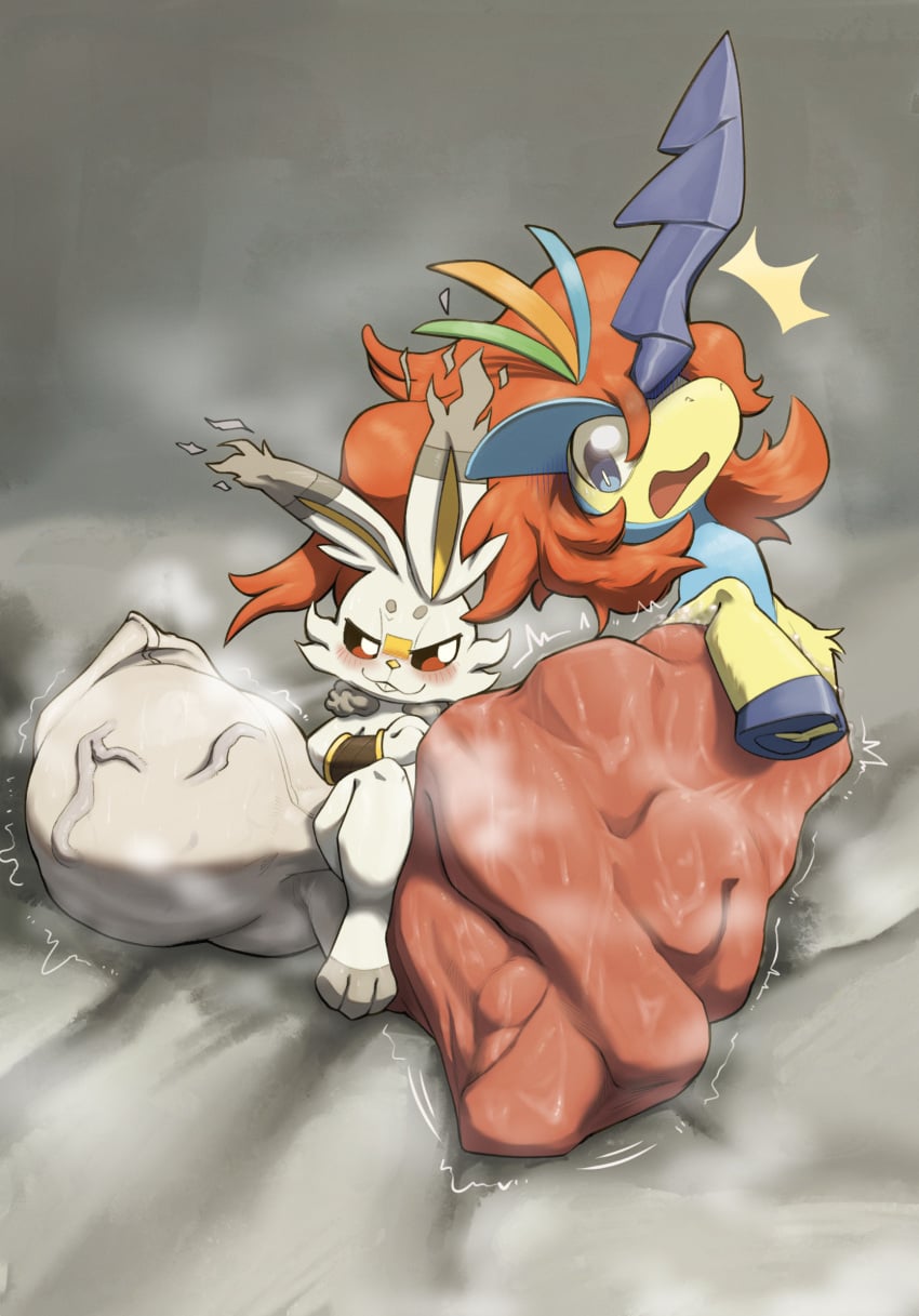 .f_9578 balls big_balls bodily_fluids cock_vore generation_5_pokemon generation_8_pokemon genitals hi_res keldeo keldeo_(resolute_form) legendary_pokemon musk nintendo penile penis pokemon pokemon_(species) scorbunny sweat vein veiny_balls vore