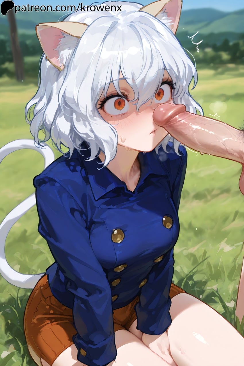 1girls ai_generated blush cat_ears female female_focus hunter_x_hunter imminent_fellatio imminent_oral krowenx neferpitou penis penis_awe red_eyes sitting thighs uncensored white_hair